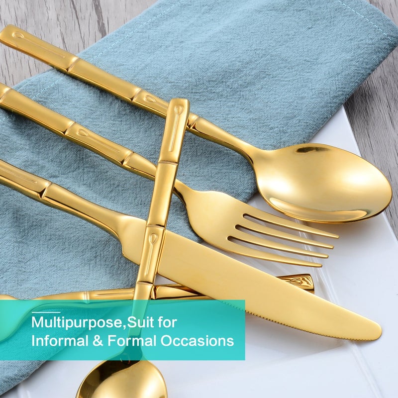 Flatasy Flatware Set Gold Silverware Set with Bamboo Pattern Mirror Polished 20 Pieces Cutlery Set Housewarming Wedding Gift Service for 4 - Image 3